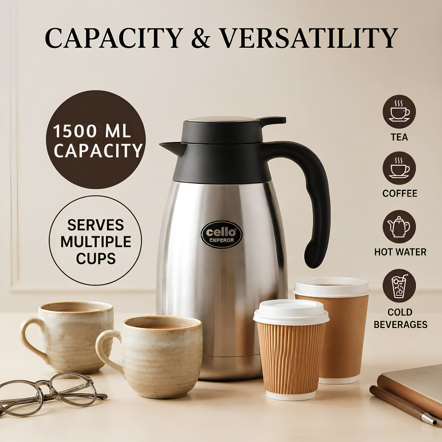 CELLO Emperor Stainless Steel Tea & Coffee Flask Carafe with Handle, Silver | Double Wall, Vacuum Insulated, 24 Hours Hot and Cold Flask Carafe | Ideal For Home, Kitchen, Office & Restaurants