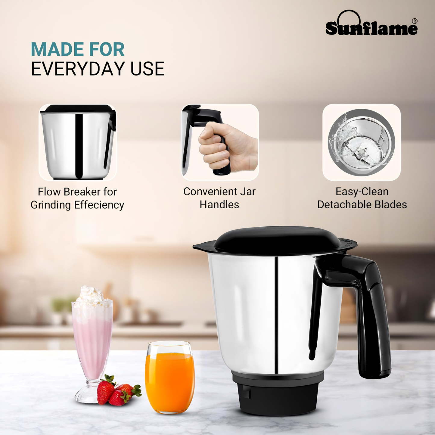 Sunflame MG50 Mixer Grinder | Powerful 500W Motor | Easy-to-Clean Removable Blades | 3 Multi-Utility Jars | 3 Speed Settings | Compact Size | Leak-Proof Lids | 2-Year Coverage