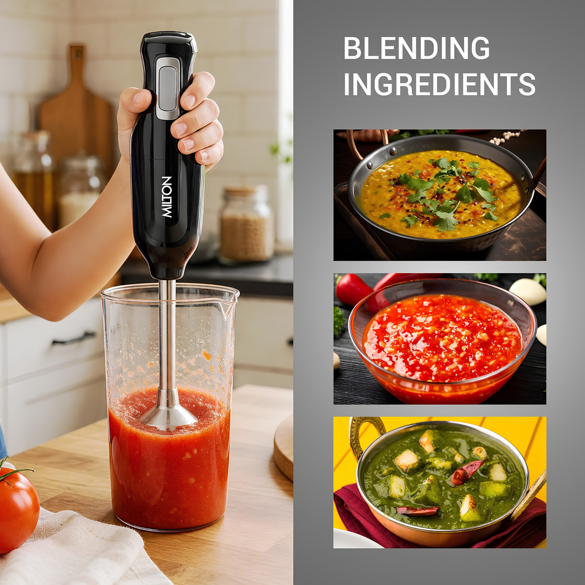 MILTON VorteQ Max Hand Blender | 225W Double Bearing Motor | 3 Detachable Stainless Steel Blades | Mincing, Whisking & Whipping | Wall Mount | ISI Certified | 2-Year Warranty | Black