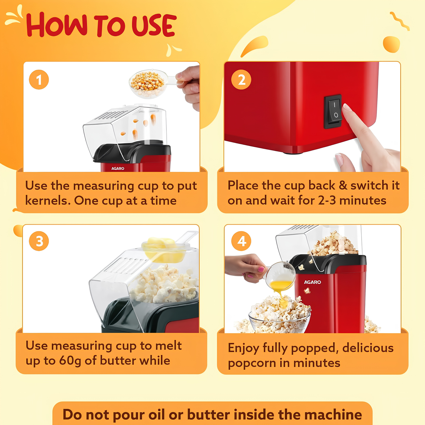 AGARO Delite Electric Popcorn Maker, 1200W Hot Air Popper, Oil-Free Healthy Snacks for Kids in 2 Minutes, 90% Popping Rate, Measuring Cup Included, Family Party, 1 Year Replaceable Warranty