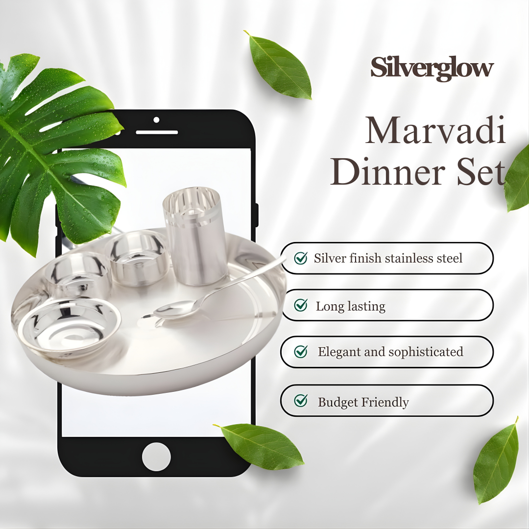 SILVERGLOW Stainless Steel Silver Dinner Set of 6 pcs, Pure-Silver Plated Luxury Dinnerware Set, Festival/Wedding Return Gift, Hotel, Restaurant Dining Set