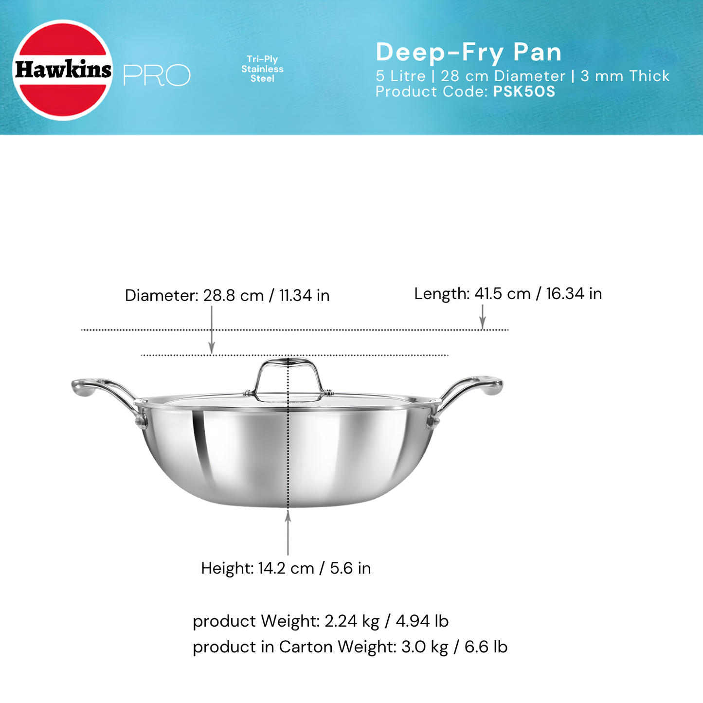 HAWKINS Pro Deep-Fry Pan | Triply Stainless Steel Kadhai with Steel Handles and Steel Lid | Silver