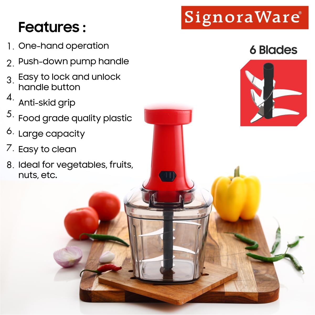 SIGNORAWARE Thunder Chopper Big 1000 ML (6 Blade) | Hand Press Vegetable And Fruit Cutter Chopper Easy Push And Close Button