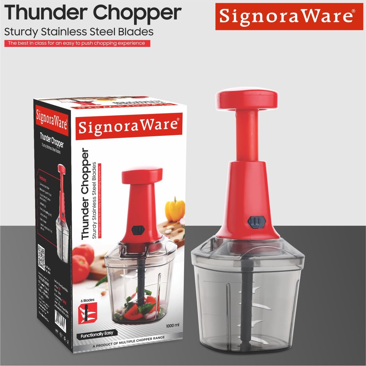 SIGNORAWARE Thunder Chopper Big 1000 ML (6 Blade) | Hand Press Vegetable And Fruit Cutter Chopper Easy Push And Close Button