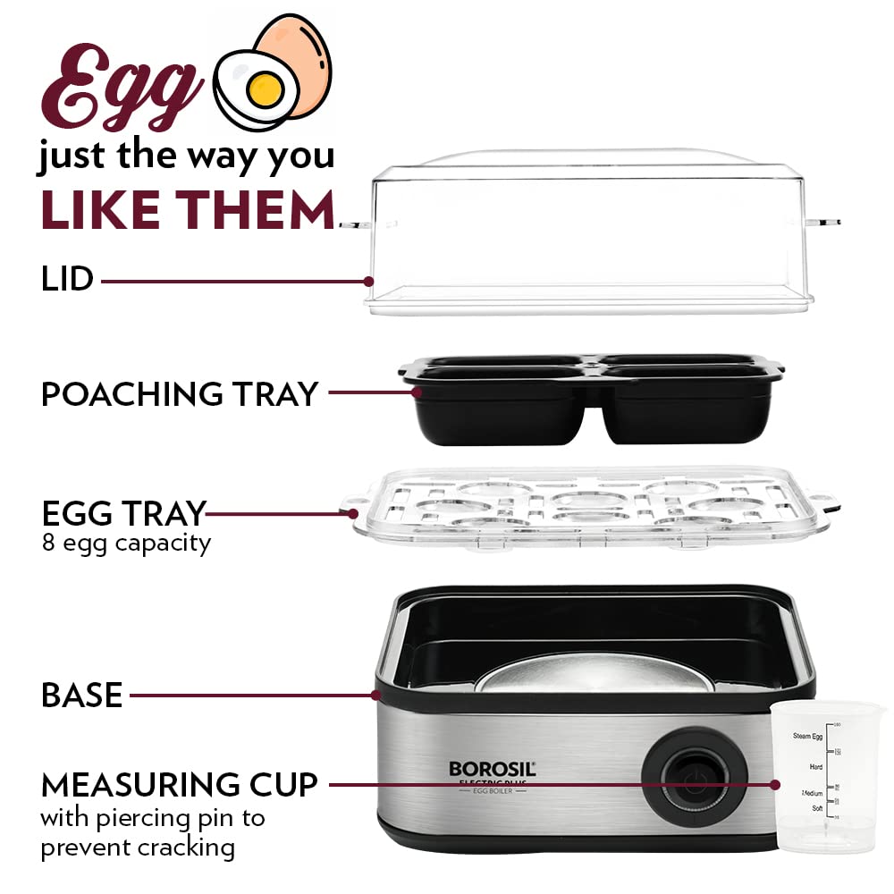 Borosil Electric Egg Boiler, For Hard, Soft, Medium Boiled Eggs, Steamed Vegetables, Transparent Lid, Stainless Steel Exterior - Premium Egg Boiler from borosil - Just Rs. 1450! Shop now at Surana Sons