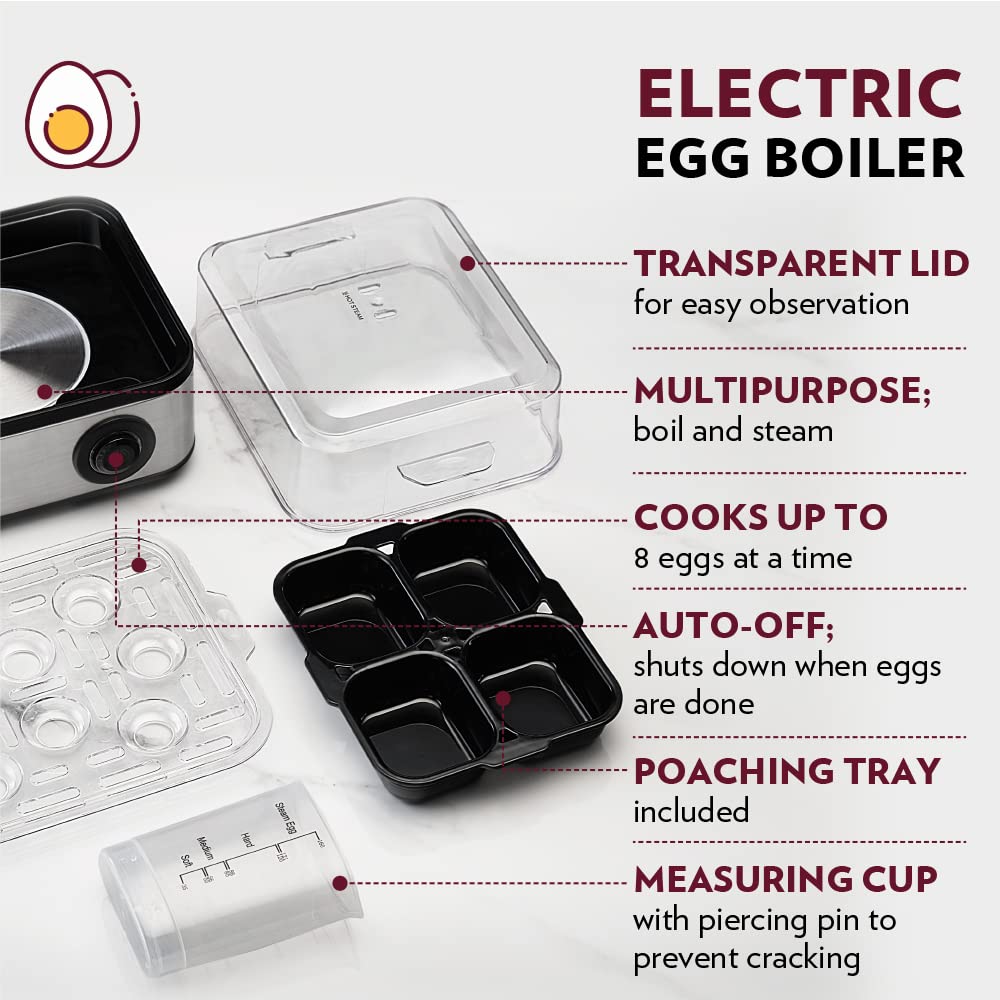 Borosil Electric Egg Boiler, For Hard, Soft, Medium Boiled Eggs, Steamed Vegetables, Transparent Lid, Stainless Steel Exterior - Premium Egg Boiler from borosil - Just Rs. 1450! Shop now at Surana Sons