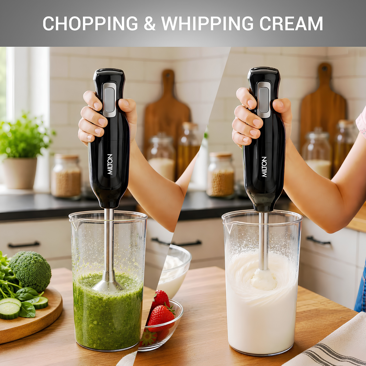 MILTON VorteQ Max Hand Blender | 225W Double Bearing Motor | 3 Detachable Stainless Steel Blades | Mincing, Whisking & Whipping | Wall Mount | ISI Certified | 2-Year Warranty | Black