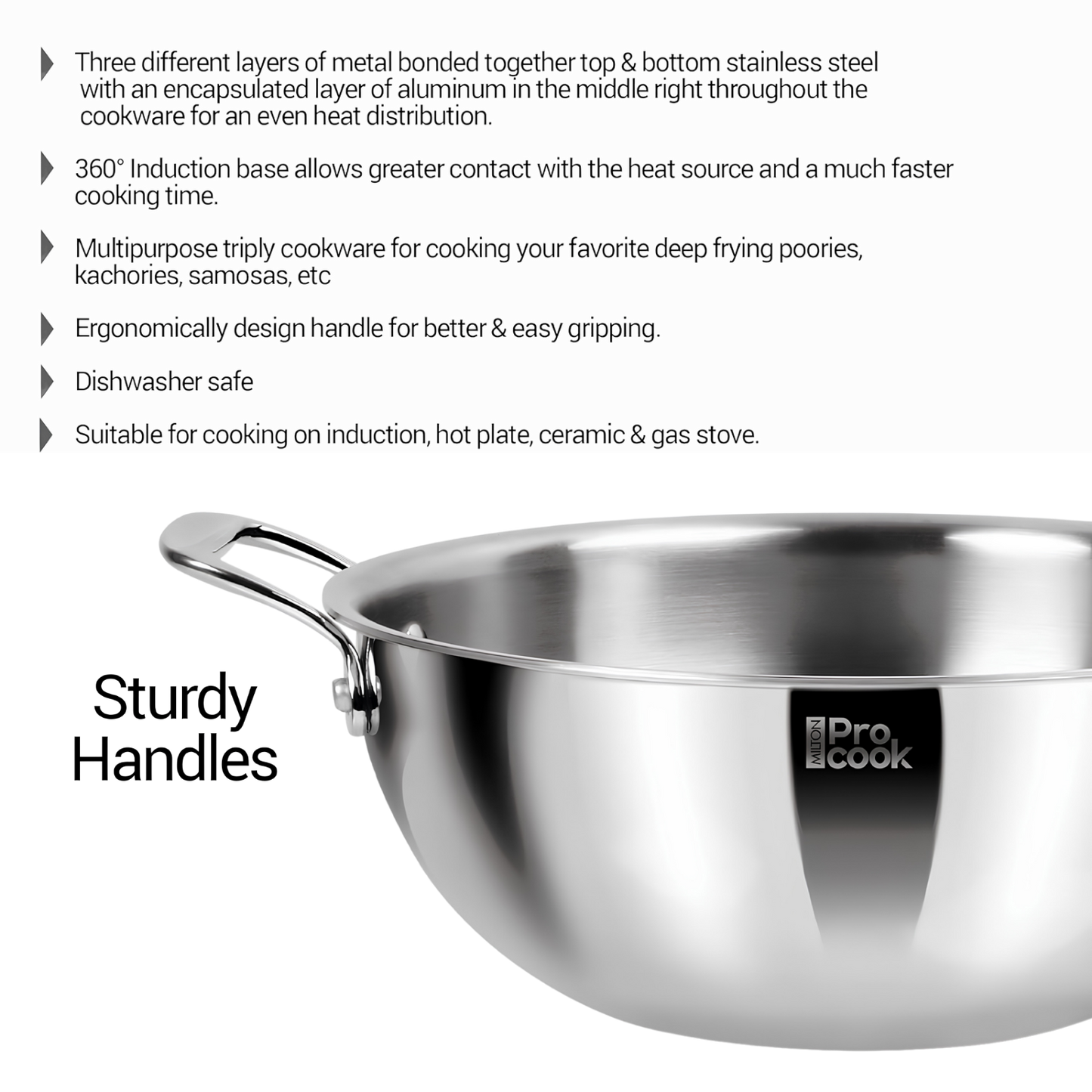 MILTON Pro cook Induction Cookware & Gas Stove Friendly Triply Stainless Steel Kadhai with SS Lid | Deep Fry Pan | 3-Layer Durable Construction | Sturdy Handle | 3 Year Warranty | Silver