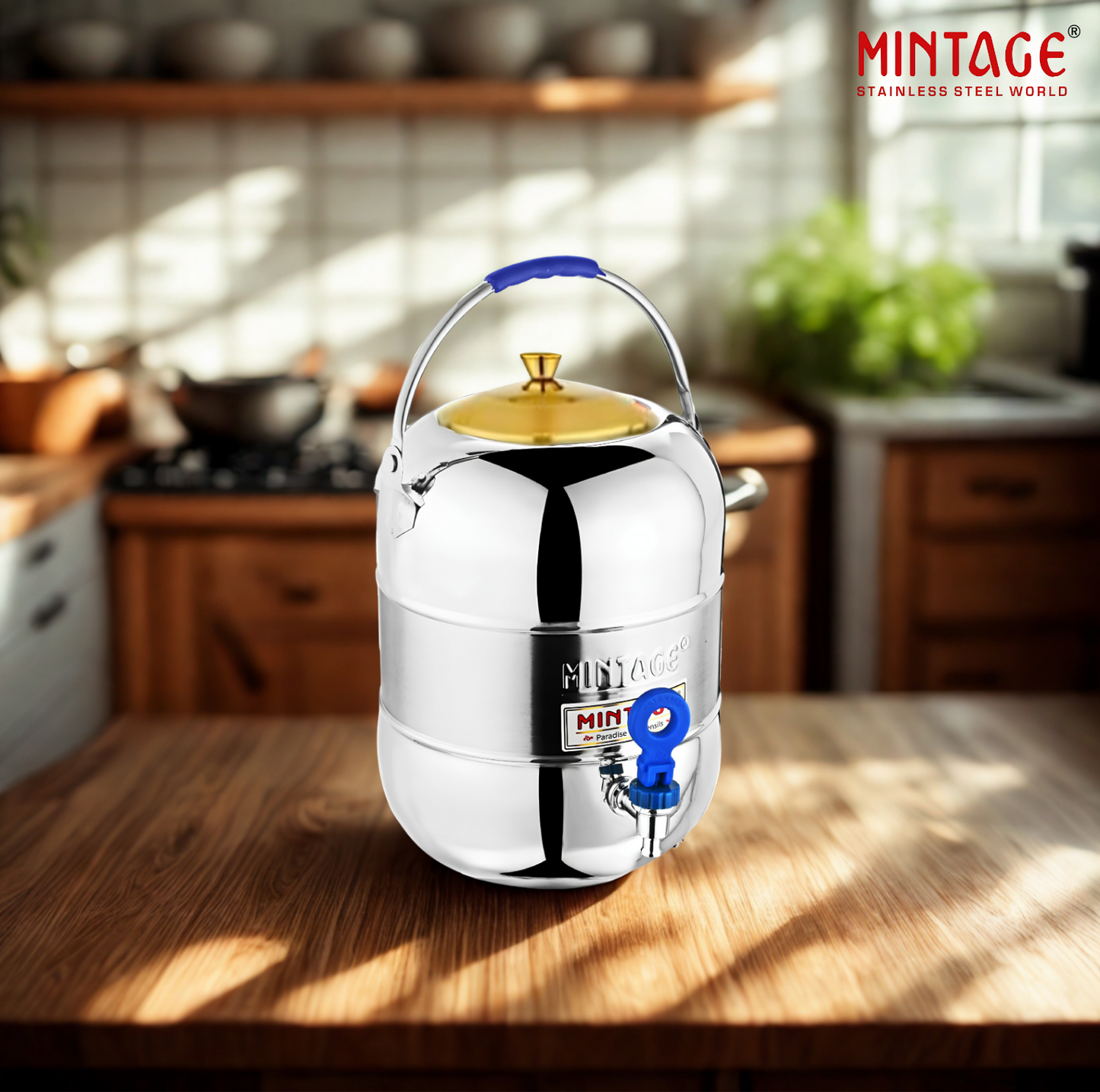 MINTAGE Elegant Dual Tone Stainless Steel Water Pot With Tap & Handle | Golden PVD Lid | 10 Ltr