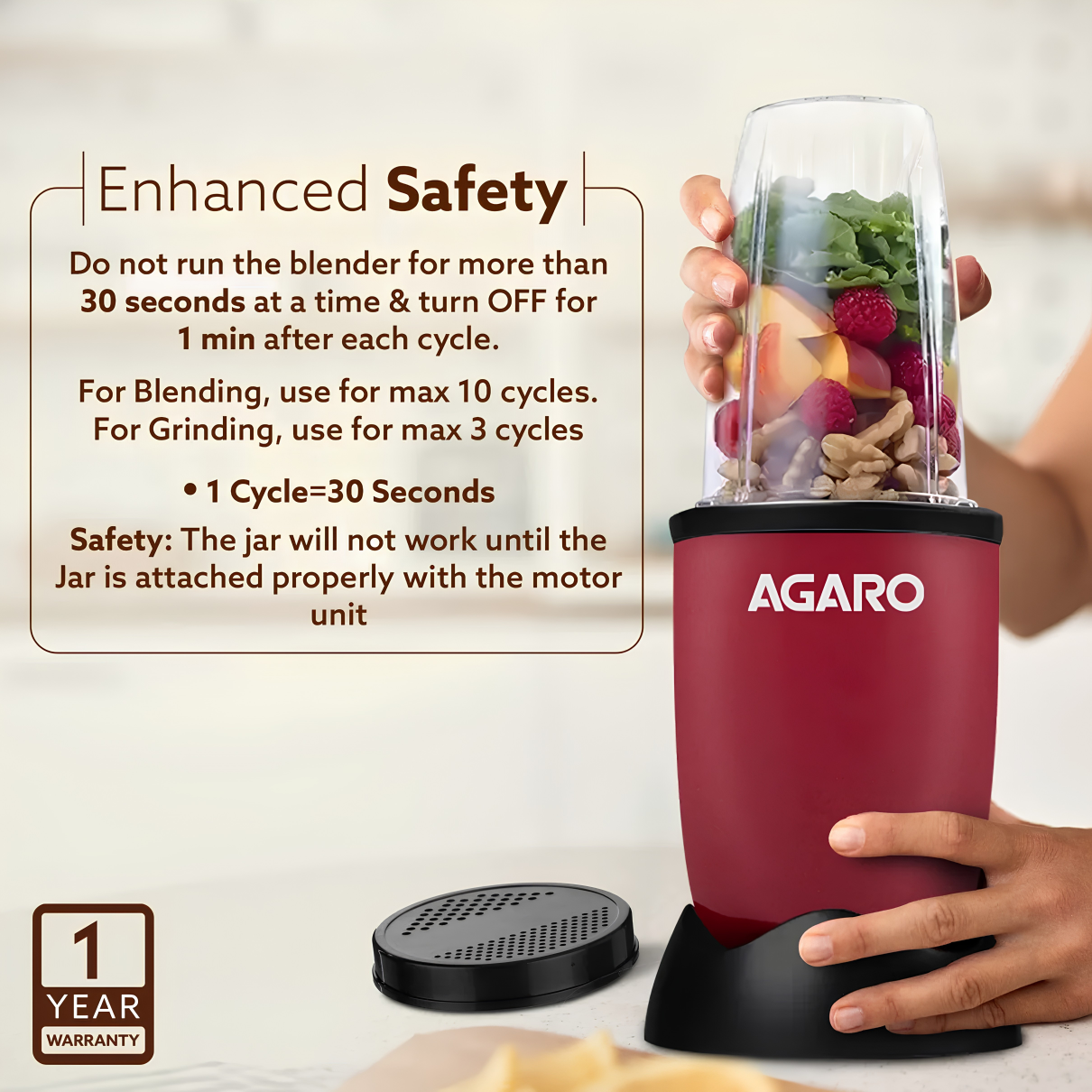 AGARO Regal Blender with 3 Jars | 400 Watts Personal Blender with 100% Copper Motor | Stainless Steel Blades | Smoothie Maker, Masala Grinder, Use for Milkshakes, Juices & Chutney | Red