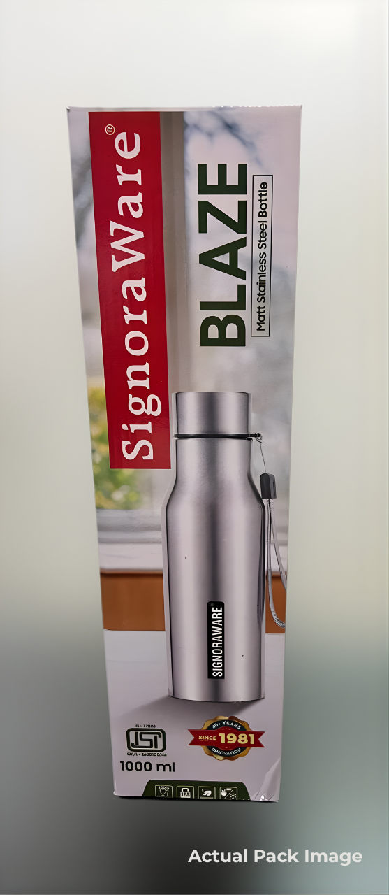 SIGNORAWARE Blaze Stainless steel Water Bottle, 1 Litre | Reusable | Dishwasher Safe | Wide Mouth | Fridge safe | Ideal for Office Use | Great for Camping | Sports & Outdoor Activities
