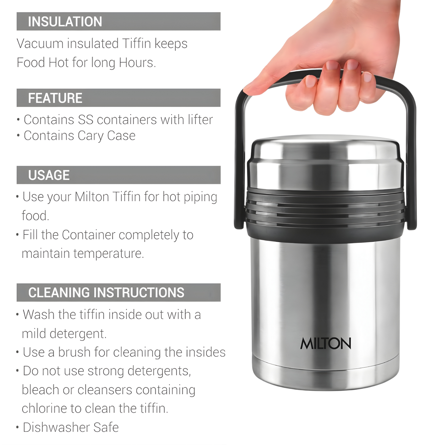 MILTON Galore Thermosteel Tiffin Set of 3 Containers, 370 ml Each | Carry Case | Easy to Carry | Hot & Cold | Rust Proof