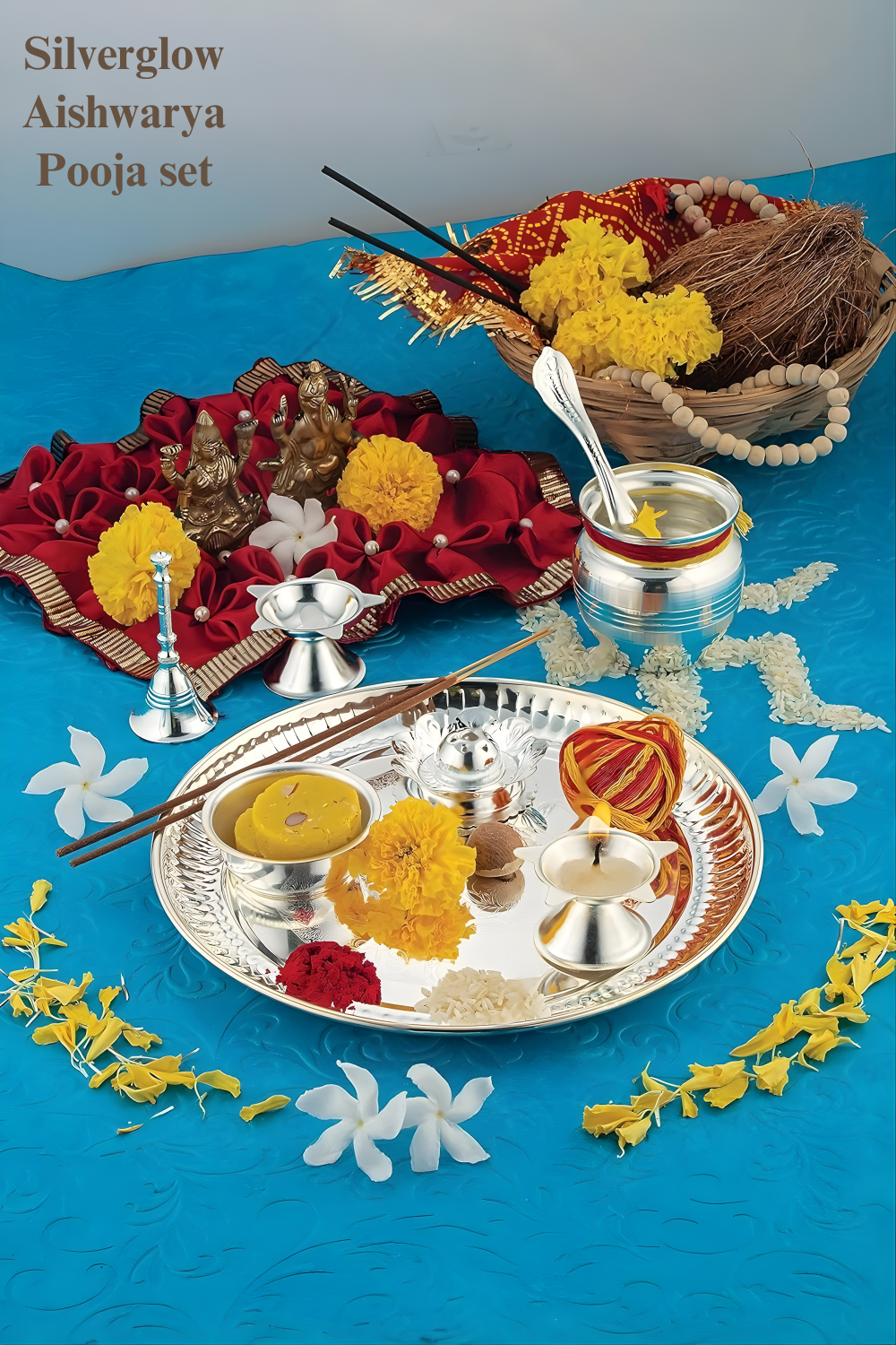 SILVERGLOW Arpan Pooja Set | Silver Plated Puja Thali Set | Festival Ethnic Puja Aarti set | Diwali, Office, Mandir, Wedding/Return Gift Item of 9 Pieces