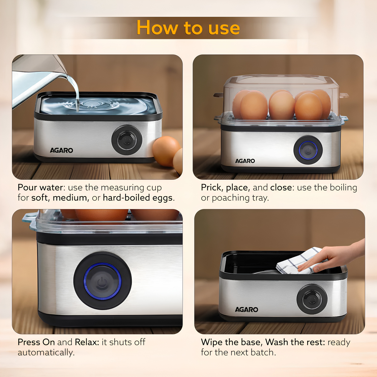 AGARO Grand Egg Boiler And Poacher, 2-in1 Boils 8 Eggs, Poach 4 Eggs, Steamed Vegetables, 3 Boiling Types, Stainless Steel Body, Transparent Lid, 500W, Silver