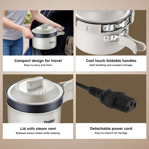 PRESTIGE Electric Omnipot | 1000W Electric Cooking Pan & Fry Pan with Lid | Steam Vent | Temperature Control Slider | Cool-Touch Foldable Handles | Detachable Power Cord | Compact Design | 1Year Warranty | Travel Accessories