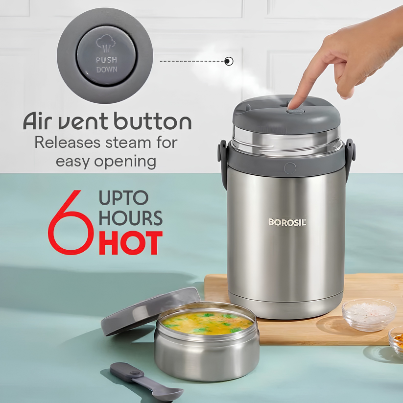 BOROSIL Hot-N-Fresh Stainless Steel Insulated Lunch Box, 3 Containers (1pcs 360 ml + 2pcs 410 ml), Grey