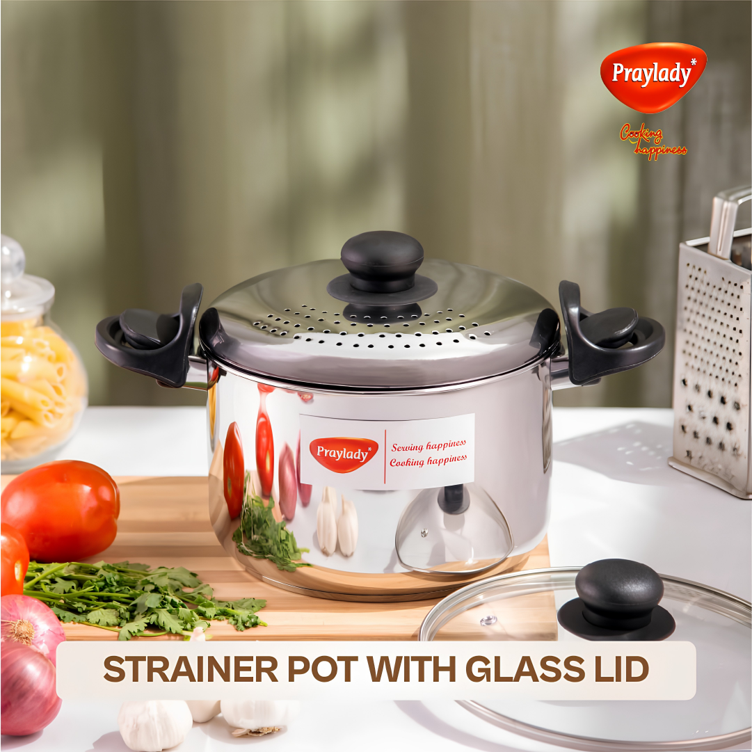 Praylady Stainless Steel Strainer Pot | Anti-Locking Glass Lid | Multi-Purpose Pasta, Rice & Noodle Pot | Large Family Pot | Induction & Gas Compatible
