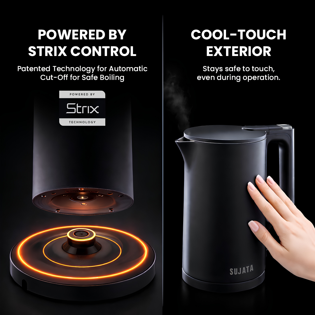 SUJATA 1380 W Electric Kettle EK01 1.5 Litre | Strix Controller (Dry Heat Protect) | Cool Touch | 3 Way Auto Shut Off | Stainless Steel | Double Wall Cool Touch | 360 Degree base | Black