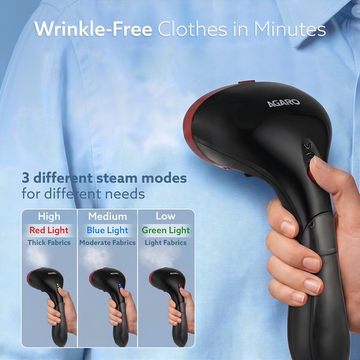 AGARO Elite Garment Steamer - 1500W Steamer for Ironing Clothes - 25g/min, 3 Steam Modes, 100 ml Tank, Compact & Lightweight, Travel Friendly, For All Fabric