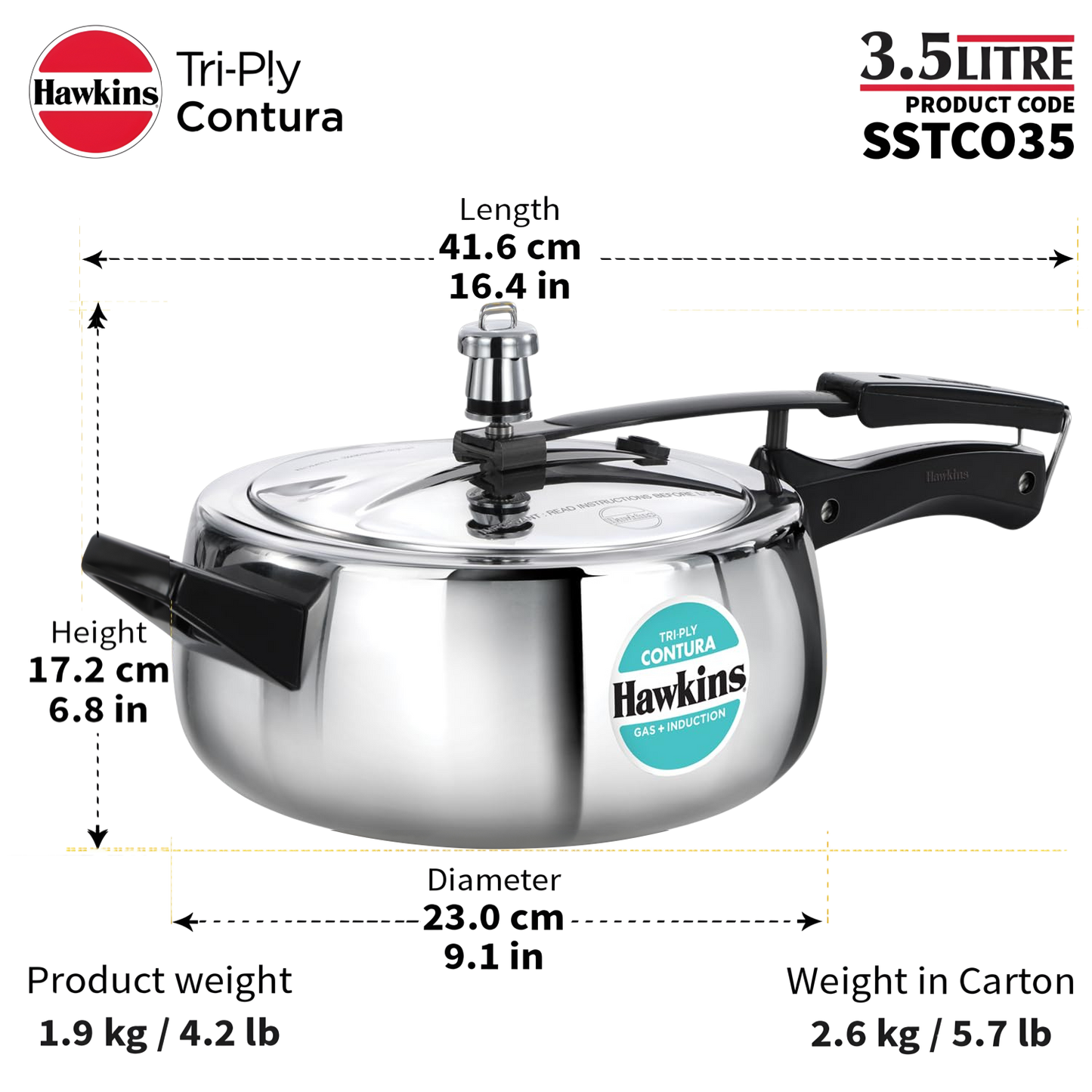 HAWKINS Contura Tri-Ply Stainless Steel 3.5 Litre (SSTCO35) |Induction Compatible