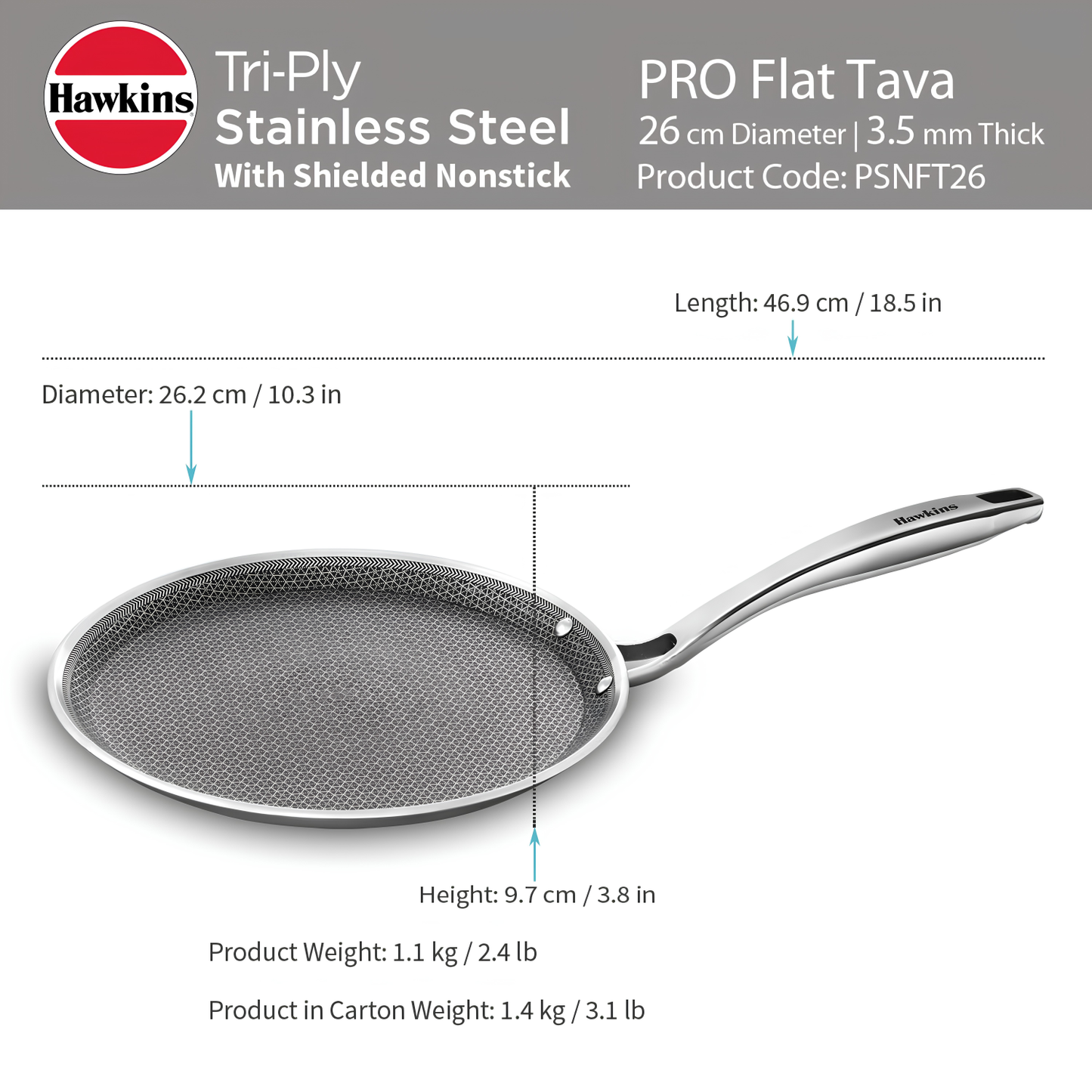 HAWKINS Induction Compatible Pro SS Tri-ply Shielded Nonstick Flat Tava 26 cm (PSNFT26)