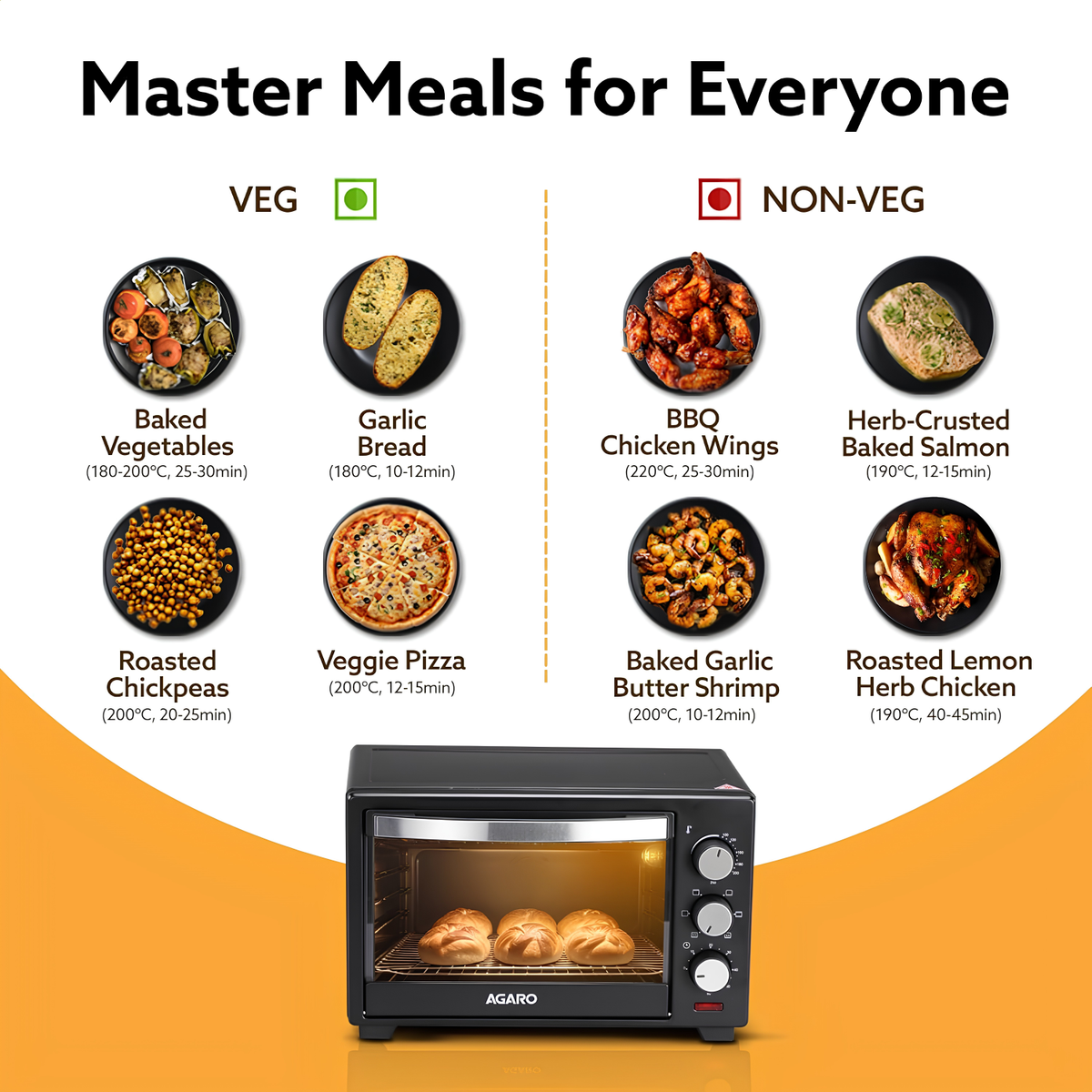 AGARO Marvel Oven Toaster Griller, 25 Littre’s, Motorised Rotisserie, Adjustable Temperature, 5 Heating Modes & Timer, Cake Baking, Roasting, Grilling, OTG (Black)