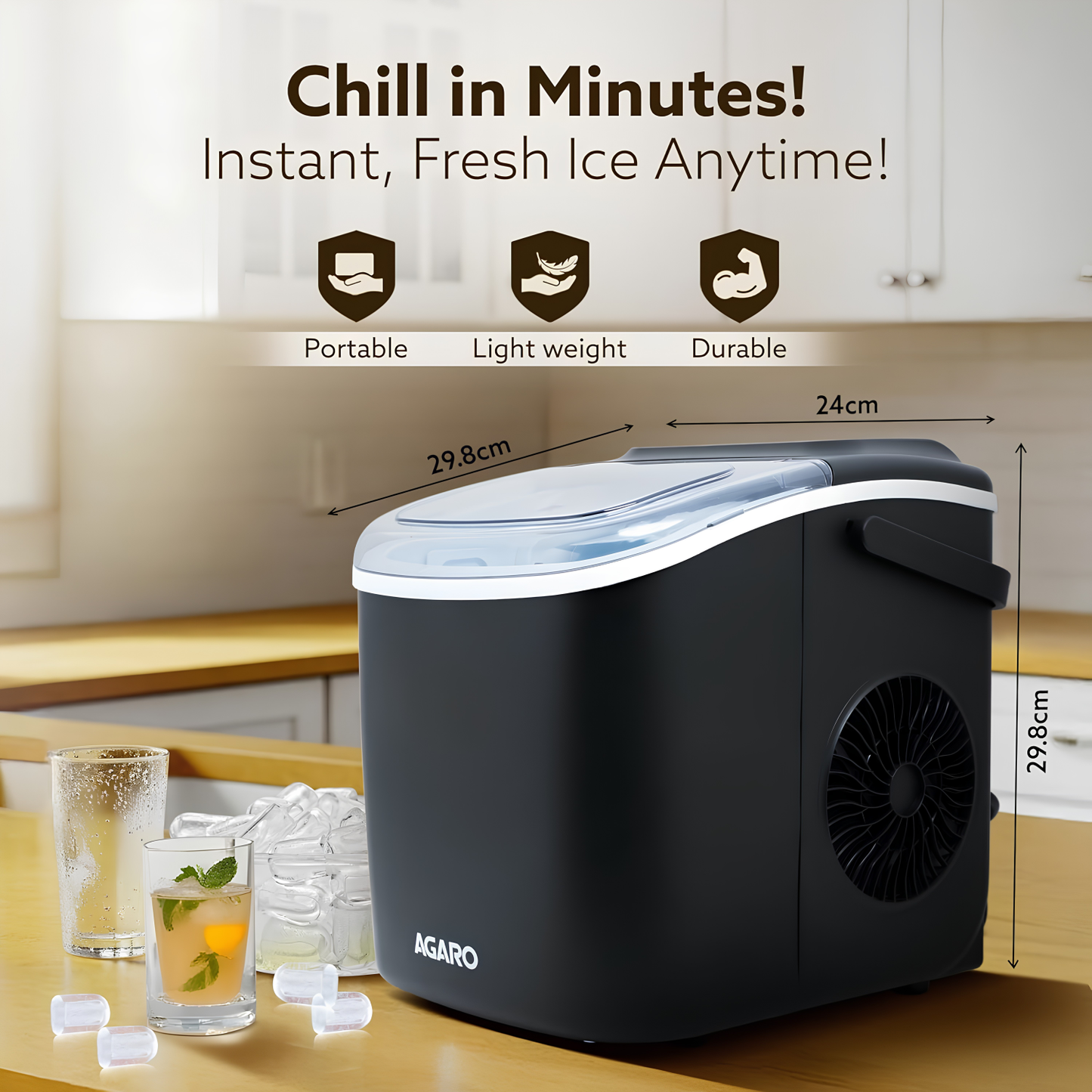 AGARO Marvel Ice Maker | Compact Ice Maker | 1.2 L water Tank | 9 Pcs bullet Ice Cube at a time | Plastic Body