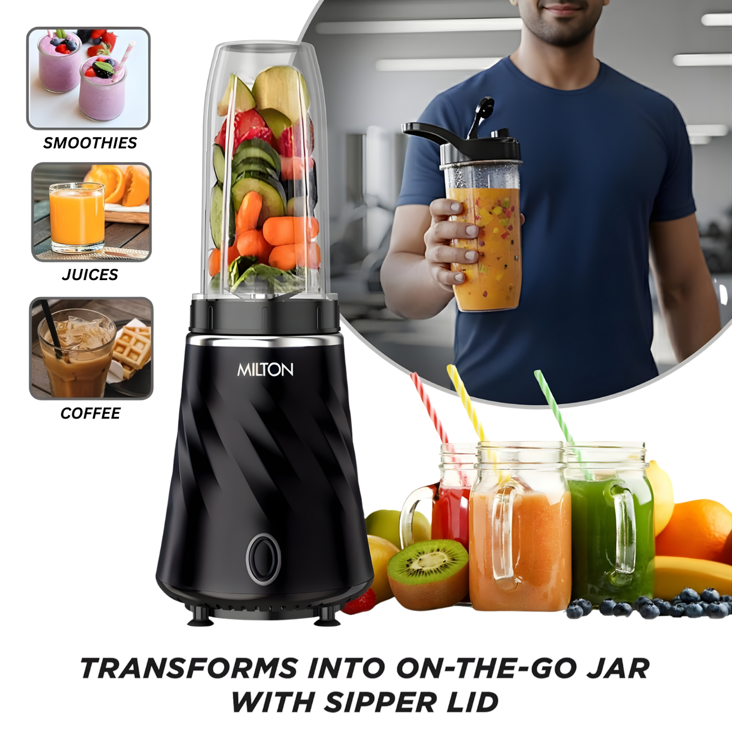 MILTON MINIQ Mini Mixer Grinder Blender Smoothie Maker, ISI Certified, Over Load Protector, HTLV 350W Motor, 2 Jar, Rust Resistant, Anti Skid Feet, Masala Grinder, Chutney Blender, Black/Blue