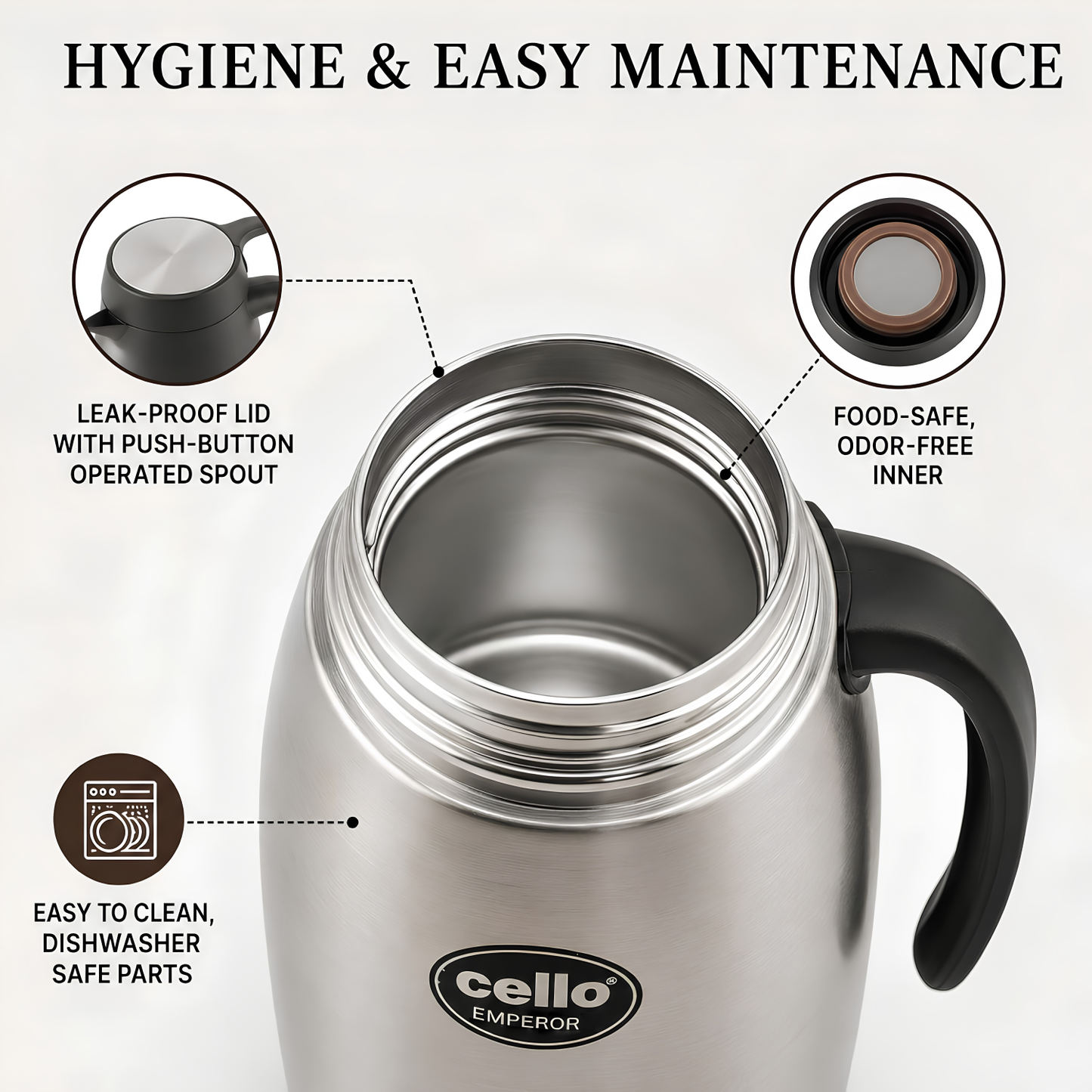 CELLO Emperor Stainless Steel Tea & Coffee Flask Carafe with Handle, Silver | Double Wall, Vacuum Insulated, 24 Hours Hot and Cold Flask Carafe | Ideal For Home, Kitchen, Office & Restaurants