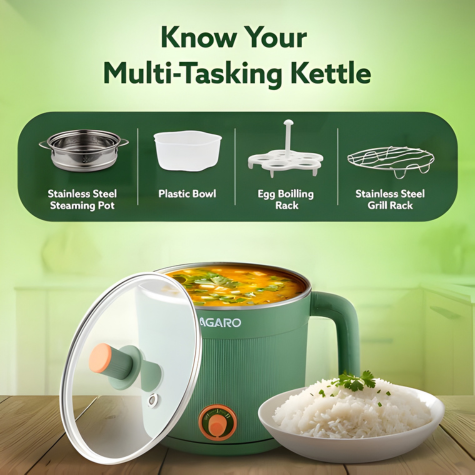 AGARO Regency Multi Cook Kettle With Steamer - 1.2 Litres - Sea Green | Boiling, Steaming, Tea, Coffee, Egg, Vegetable Boiling, 600 W