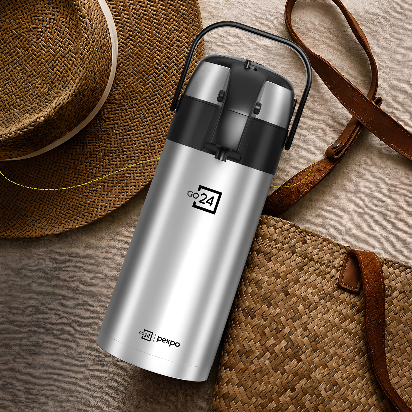 Go24 PEXPO AquaPort Stainless Steel Vacuum Insulated Beverage Dispenser with Pump | Hot & Cold | Double Wall | Sturdy Handle to Carry | Coffee/Tea Carafe - Silver