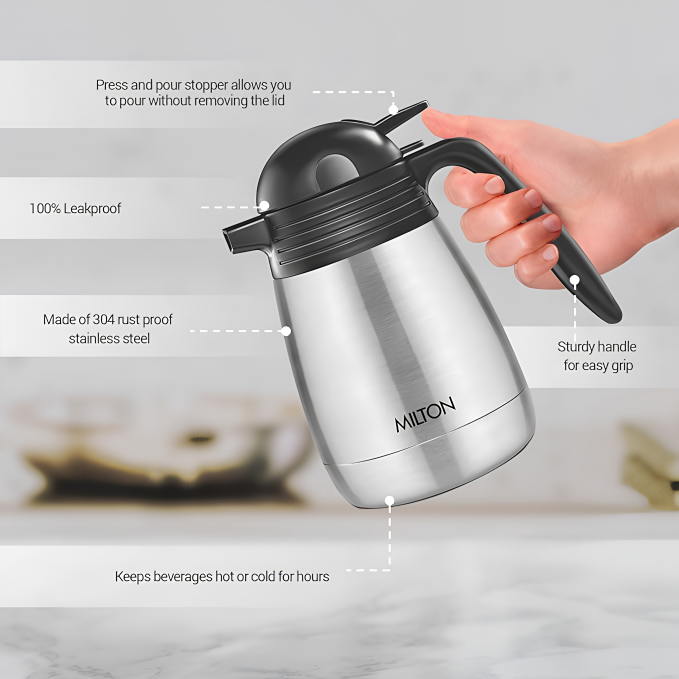 MILTON Stainless Steel Double Walled Vacuum Insulated Carafe 1000 Flask with Handle, 1000 ml, Silver |For Hot & Cold Beverages |Leak Proof | Rust Free | Easy to Carry