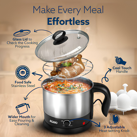 AGARO Esteem Electric Multipurpose Kettle 1.2 Ltr | 600 W with Stainless Steel Body, Egg Rack, Grill Rack | 3 Heating Modes & Rapid Boil Technology, Boiling Water, Tea, Coffee, Oats, Noodle, Soup | Black