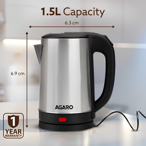 AGARO Sonnet Electric Kettle, 1.5 Ltr | 1500W | Stainless Steel Body | Quick Boil For Making Black Tea & Black Coffee | Auto Shut Off | Cool Touch Handle