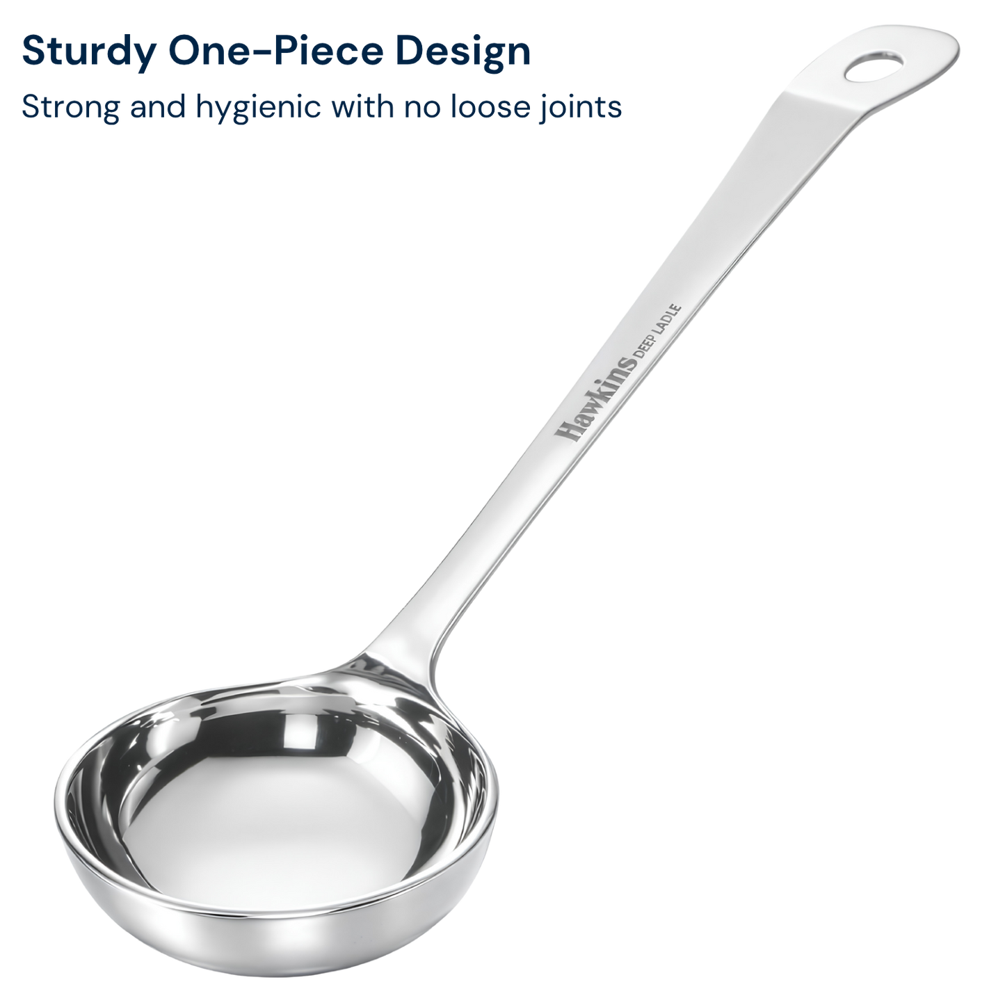 HAWKINS Food-Grade Stainless Steel 80 ml Deep Ladle | Thick Durable One-Piece Design | Long Handle | Hanging Loop | for Serving Dal, Curry & Soup | Karchhi | Pali | Silver (SSPTDL)