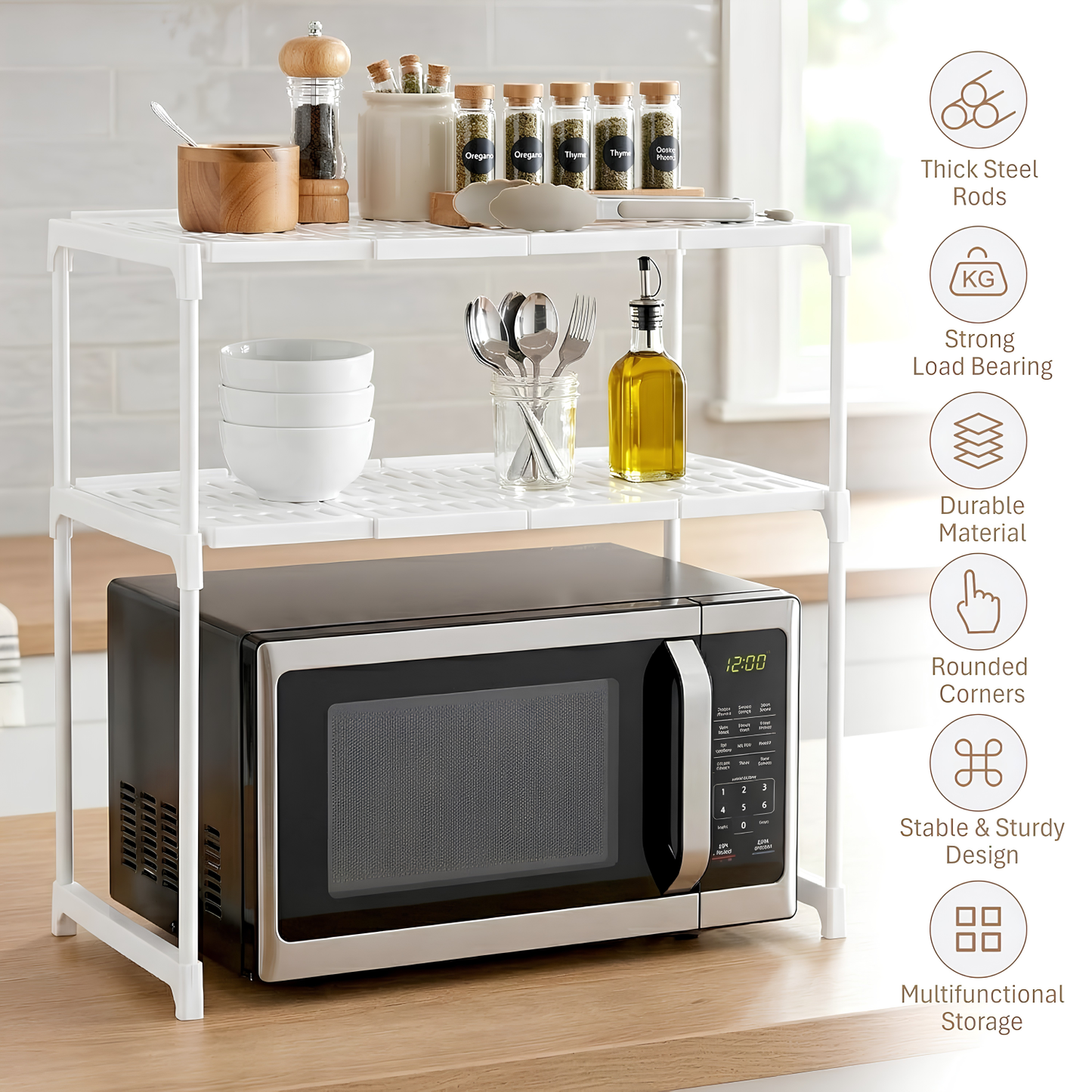 NAYASA Multifunctional Microwave Oven Stand | 2-Tier Heavy-Duty Kitchen Rack | Stainless Steel Rod Organizer Shelf | Space-Saving Storage for Microwave, Oven & Kitchen Essentials | White