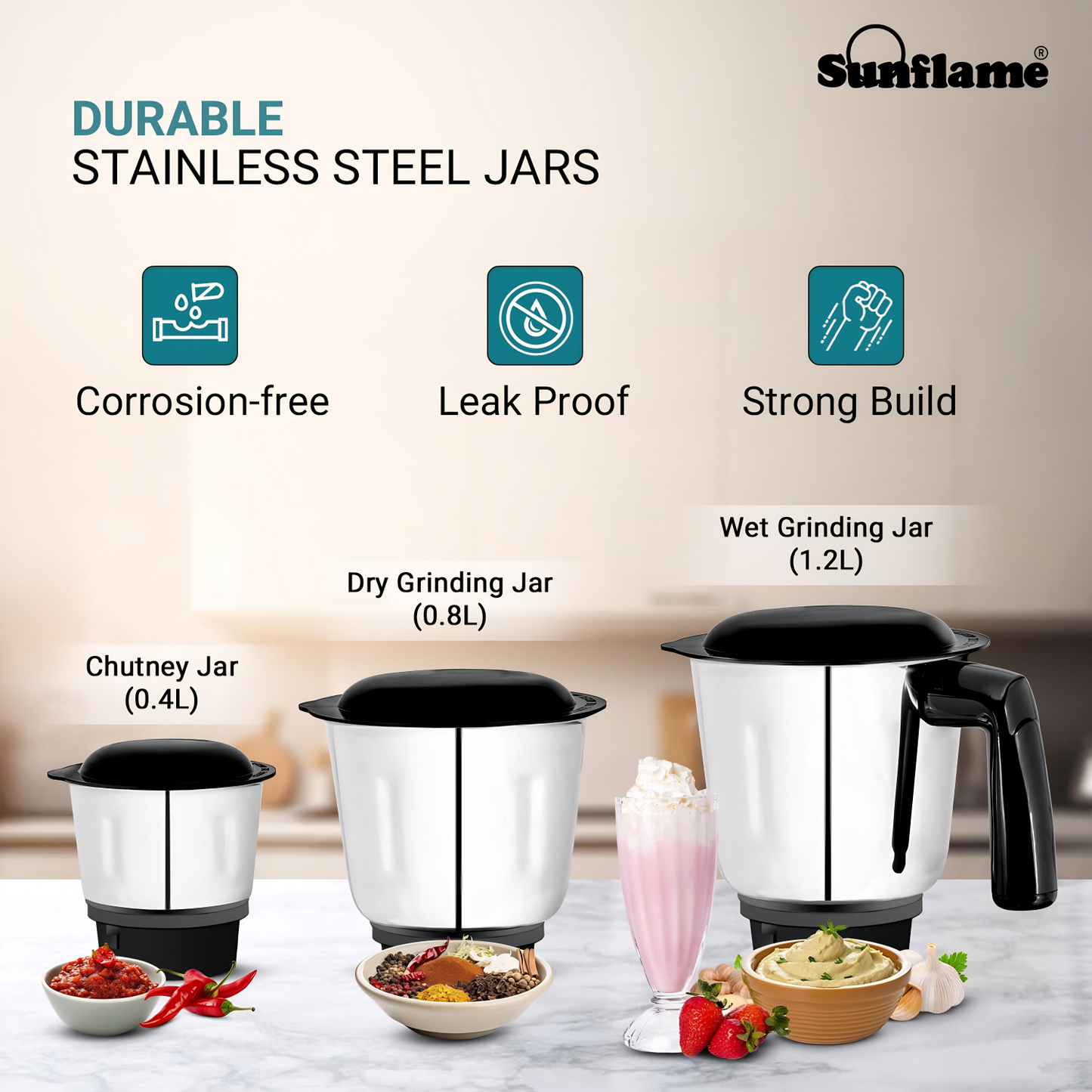 Sunflame MG50 Mixer Grinder | Powerful 500W Motor | Easy-to-Clean Removable Blades | 3 Multi-Utility Jars | 3 Speed Settings | Compact Size | Leak-Proof Lids | 2-Year Coverage
