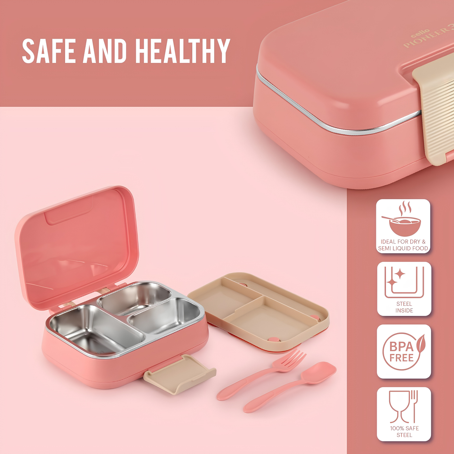 CELLO Pioneer Inner Steel Insulated Lunch Box with Fork & Spoon,  | Food Grade 3 Inner Steel Compartment, Leak Proof Sturdy Clip Lock Tiffin Box | Insulated Lunch Box For School Kids, Office Use