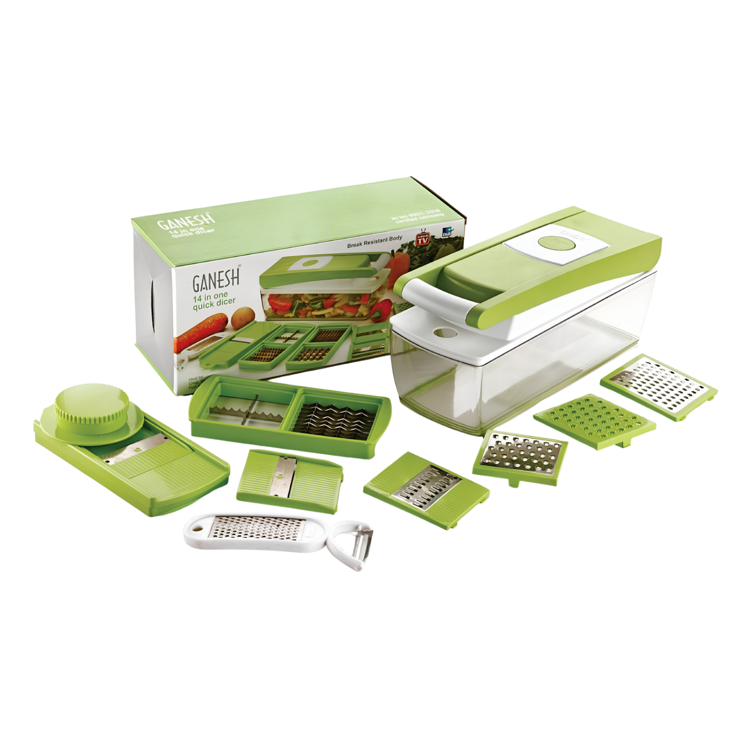 GANESH 14 in 1 Multipurpose Chopper, Fruits & Vegetable Cutters, Grater Peeler Chipser, Unbreakable Food Grade Body, Easy Push to Clean Button Slicer Dicer, Chopper for Kitchen (Green, Plastic)