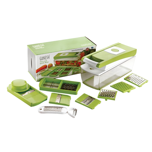 GANESH 14 in 1 Multipurpose Chopper, Fruits & Vegetable Cutters, Grater Peeler Chipser, Unbreakable Food Grade Body, Easy Push to Clean Button Slicer Dicer, Chopper for Kitchen (Green, Plastic)