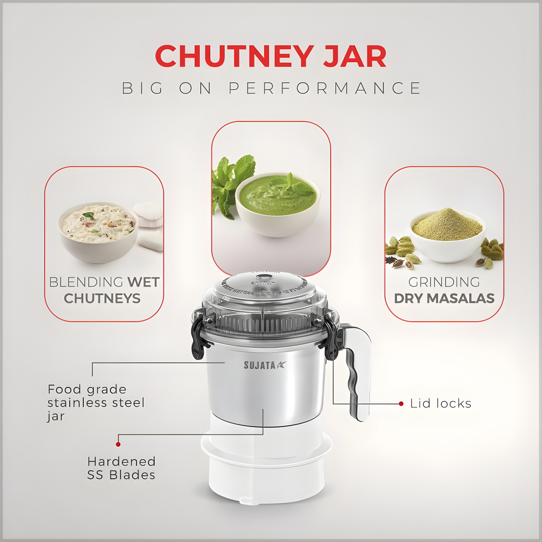 SUJATA Supermix Mixer Grinder|900 Watts Double Ball Bearing Motor|22000 RPM|Non-Stop 90 Mins Running|3 Jars including 1750 ml Blender, 1000 ml Grinder, 500 ml Chutney Jar| White