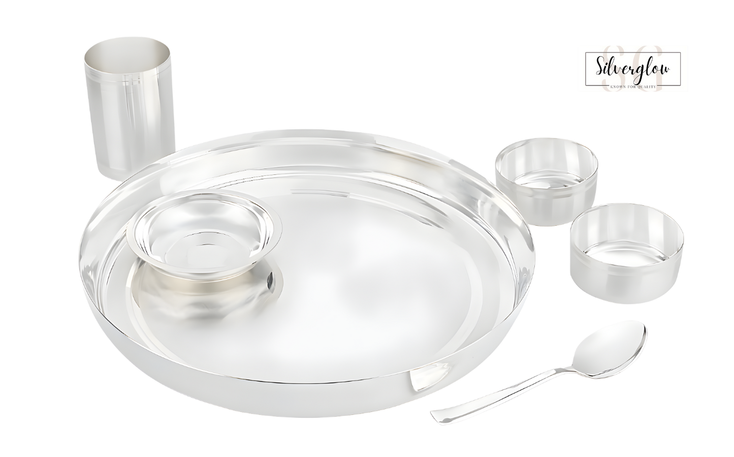 SILVERGLOW Stainless Steel Silver Dinner Set of 6 pcs, Pure-Silver Plated Luxury Dinnerware Set, Festival/Wedding Return Gift, Hotel, Restaurant Dining Set