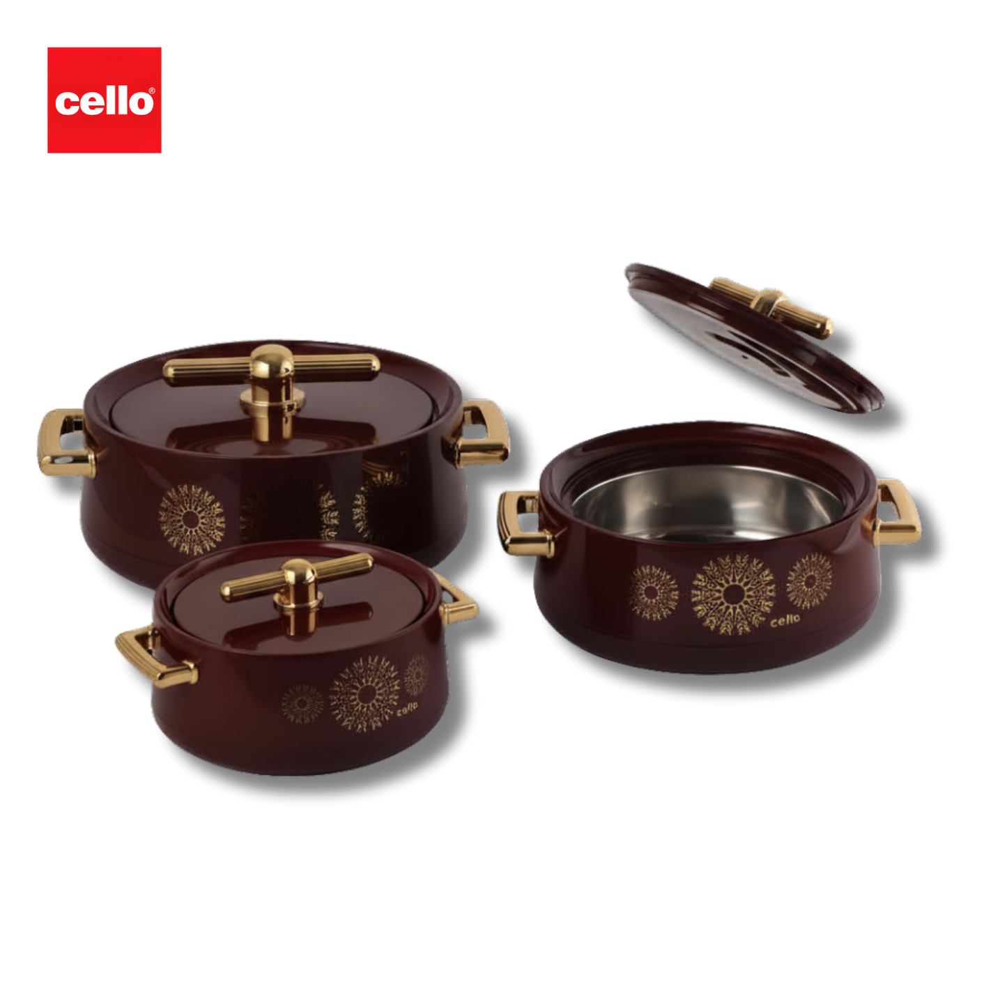 CELLO Jewel NX Insulated Casserole Set of 3 Pcs (500 ml, 1000 ml, 1500 ml) | Color: Burgundy | Double Wall Insulated Hot Pot |  Keeps Food Hot & Warm for Long Hours | Gifting