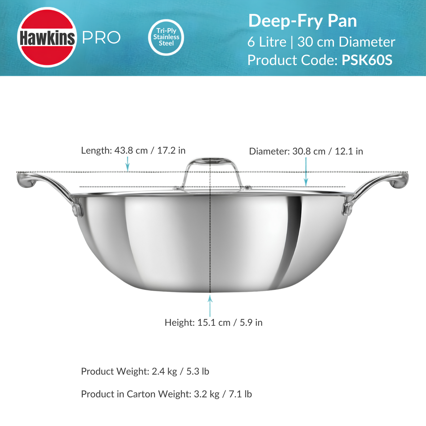 HAWKINS Pro Deep-Fry Pan | Triply Stainless Steel Kadhai with Steel Handles and Steel Lid | Silver