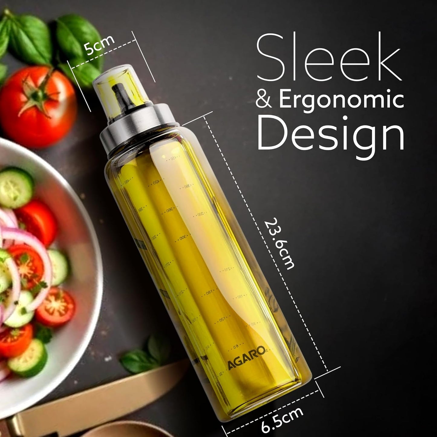 AGARO Elite Borosilicate Glass Oil Dispenser With Capacity Markings, Pack of 2, 500 ML each, Metallic Lid, Oil Bottle Jar, Transparent
