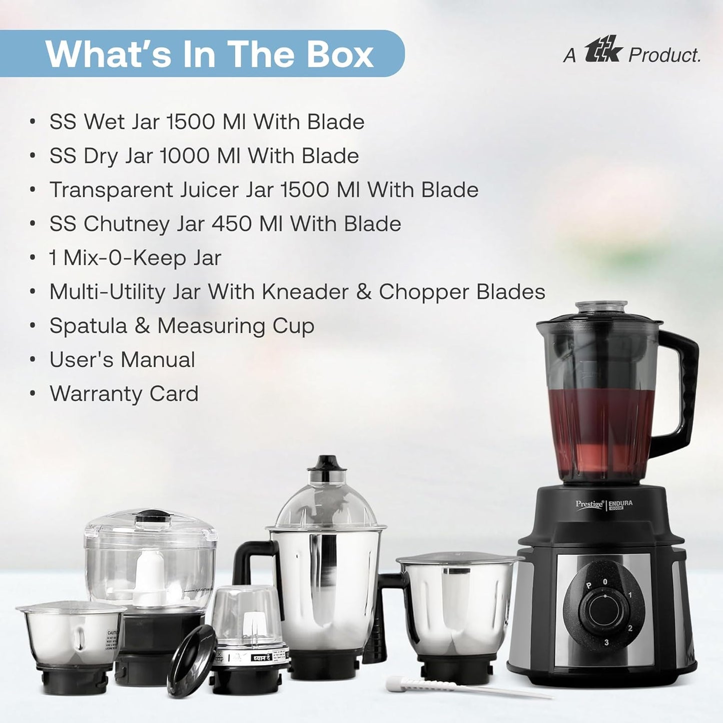 Prestige Endura 1000 W Mixer Grinder, 6 Jars | Kneads Atta | Chops Vegetables | Grinds | Makes Juices