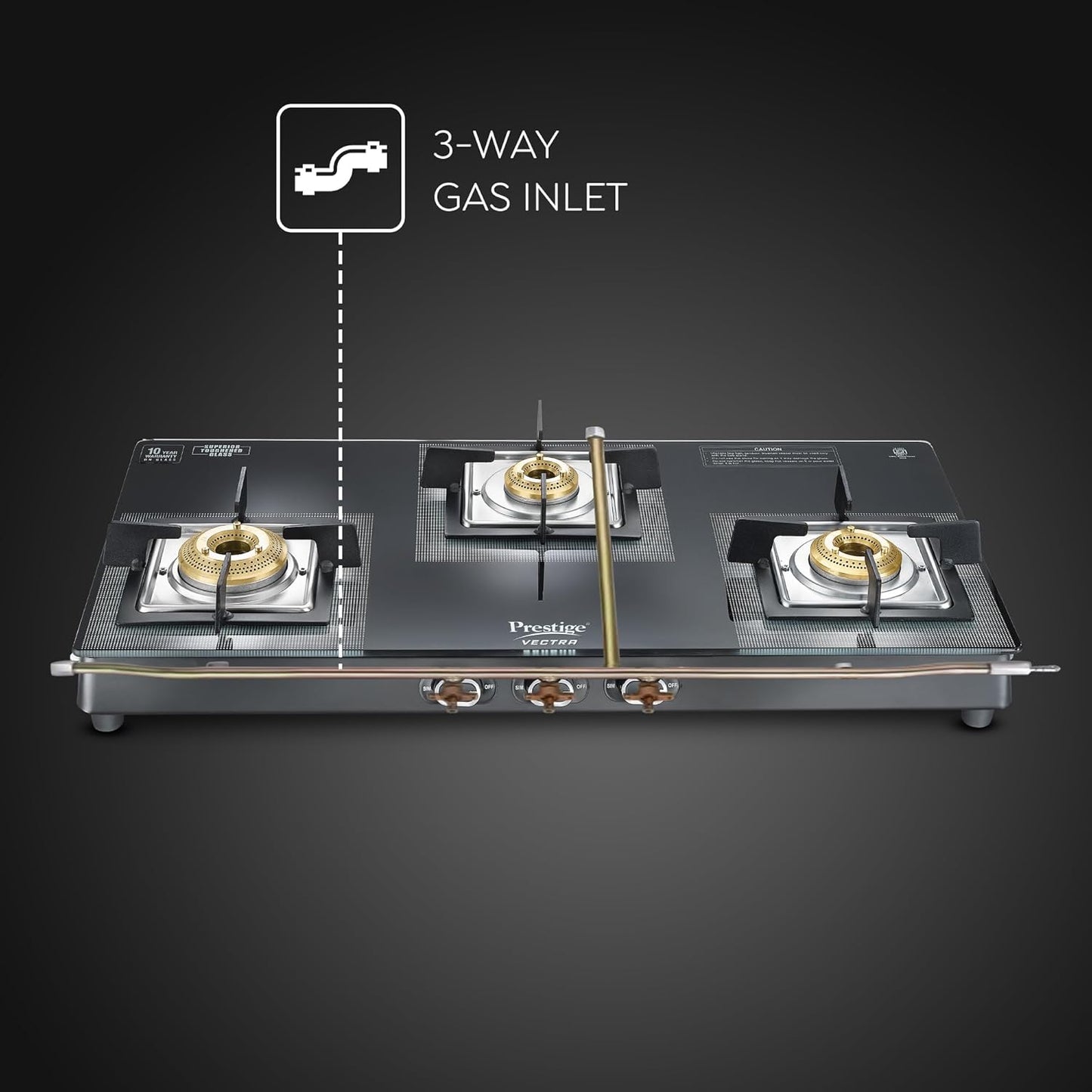Prestige Vectra 3 Burner Glasstop Gas Stove | Toughened Glass | Jumbo Brass Burner | 3-Way Gas Inlet | 360 Degree Revolving Nozzle
