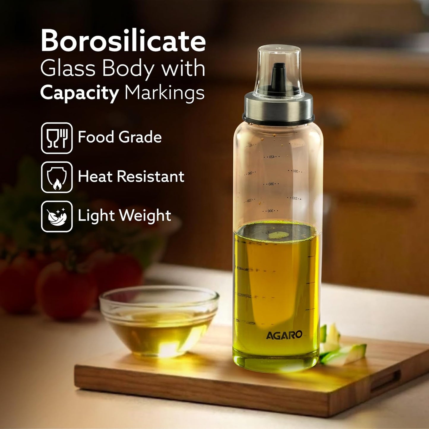 AGARO Elite Borosilicate Glass Oil Dispenser With Capacity Markings, Pack of 2, 500 ML each, Metallic Lid, Oil Bottle Jar, Transparent