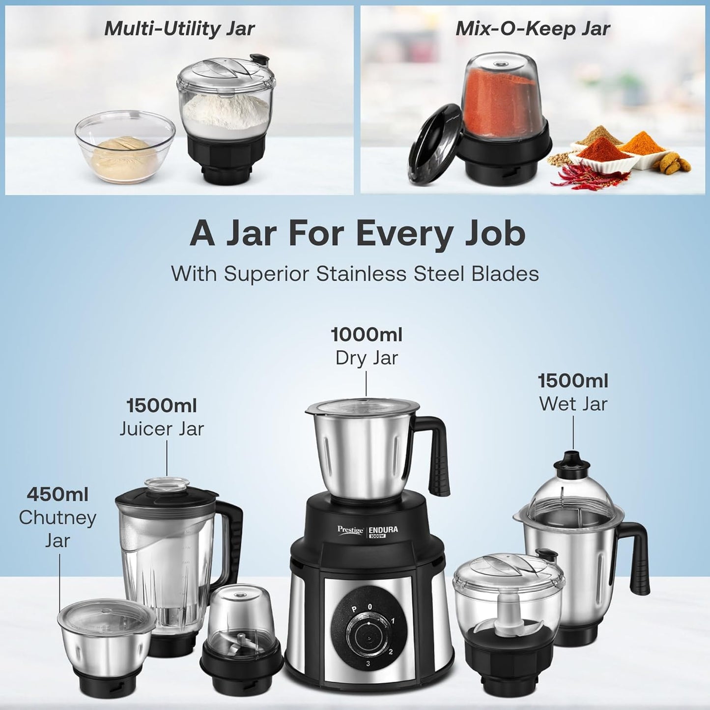 Prestige Endura 1000 W Mixer Grinder, 6 Jars | Kneads Atta | Chops Vegetables | Grinds | Makes Juices