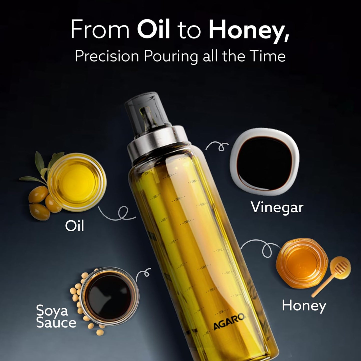 AGARO Elite Borosilicate Glass Oil Dispenser With Capacity Markings, Pack of 2, 500 ML each, Metallic Lid, Oil Bottle Jar, Transparent